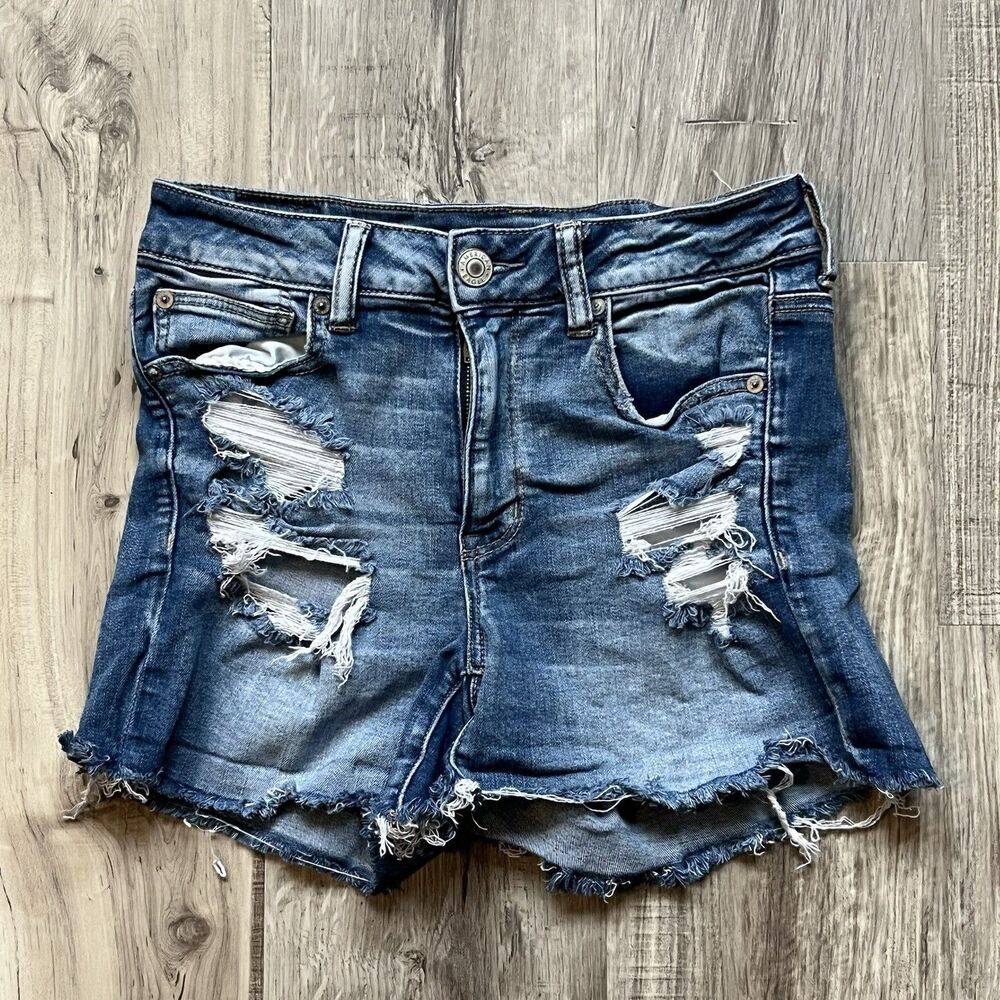 American Eagle Size 8 High Rise Shortie Super Stretch Blue Jean Cut Off Shorts